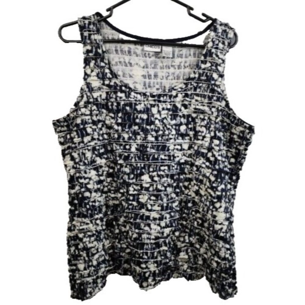 Chicos Womens Ruffle Tank Top Large Black White Printed Casual Artsy